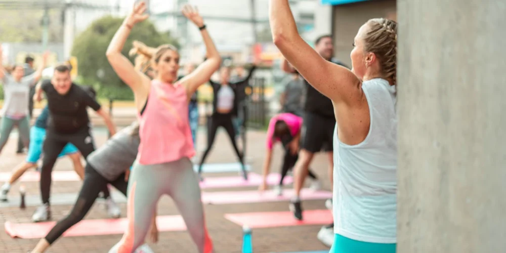 Senior fitness class outdoors