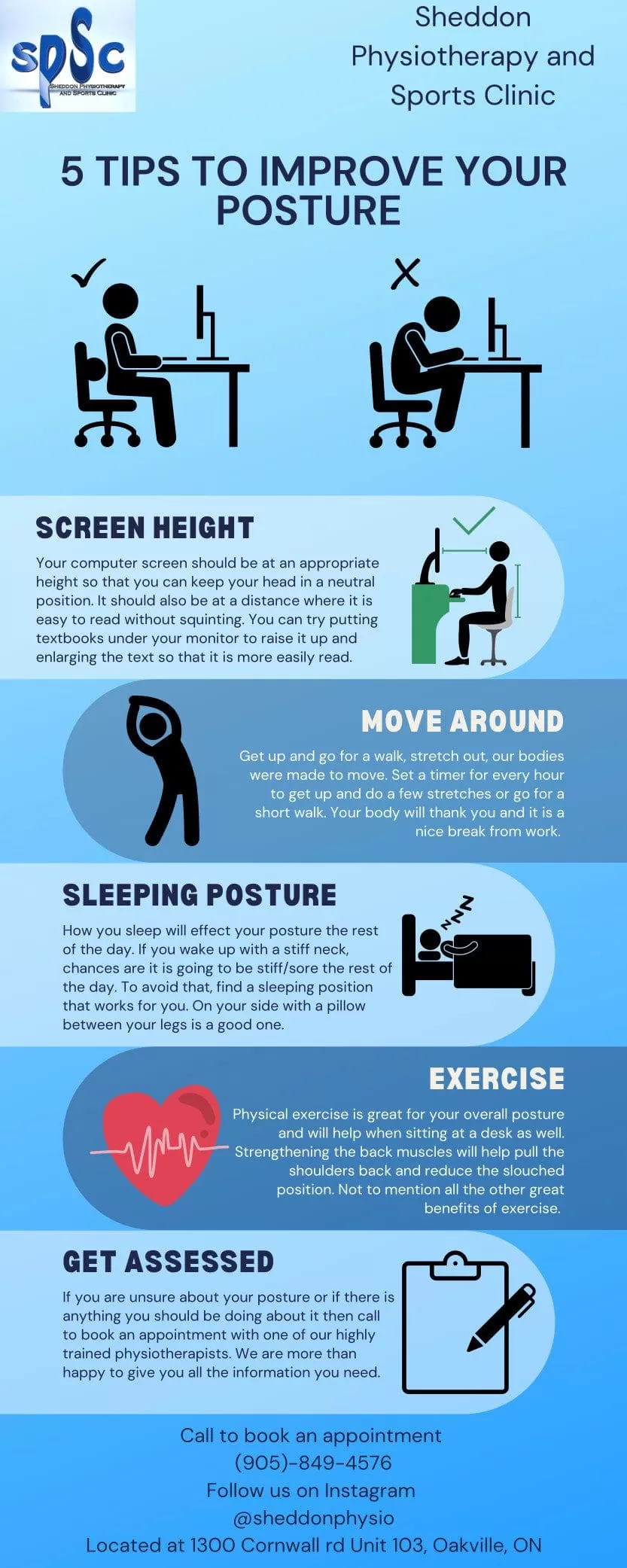 Read about Screen Height, Move Around, Sleeping Posture, Exercise and, if not sure, Get Assessed by our Oakville and Burlington physio therapists