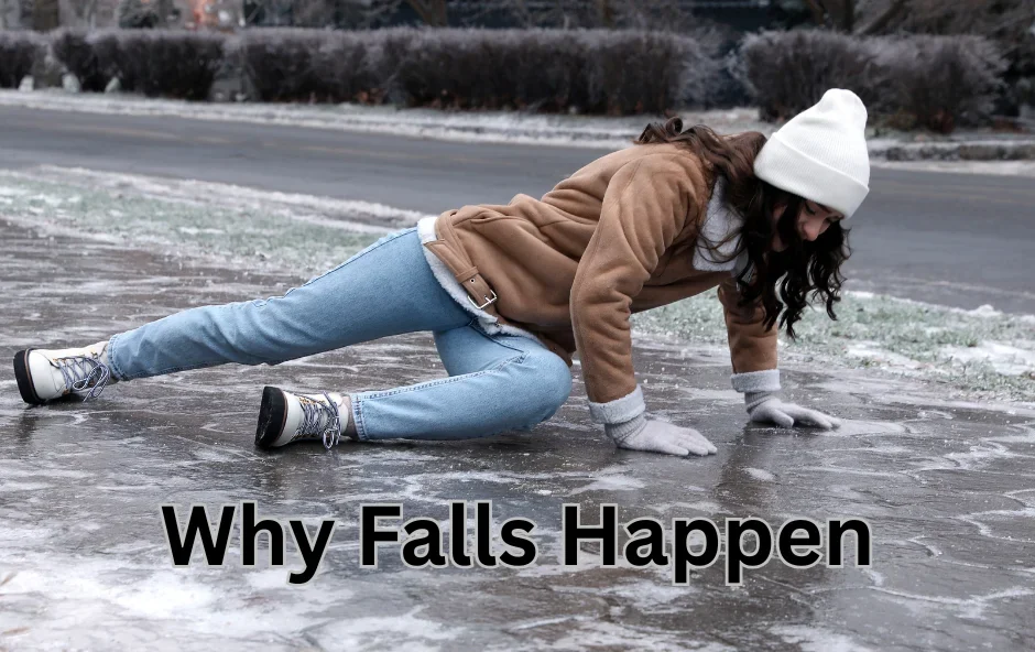 Understanding Why Falls Happen During Winter Oakville An informative image illustrating the reasons why falls occur, especially on ice during winter months. Sheddon Physiotherapy offers insights Oakville